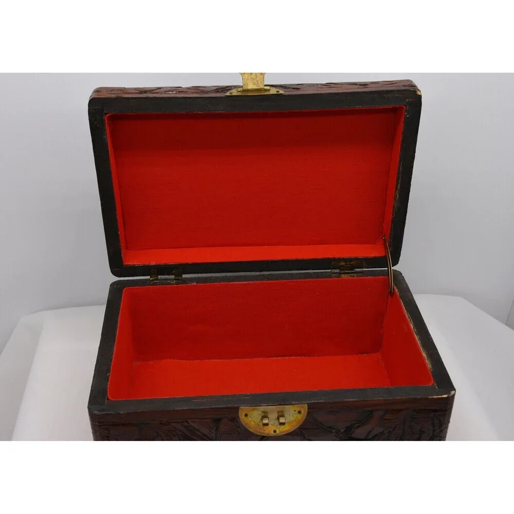 Classic Carved Asian Wooden Box with Red Felt Lining